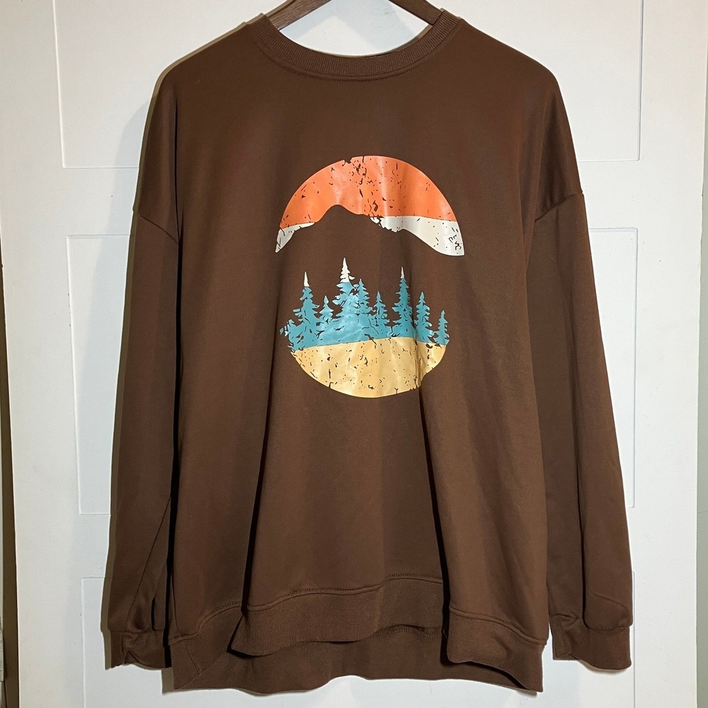 Brown 2X Long Sleeve‎ Pullover Mountain Trees Graphic Granola Gorpcore Nature